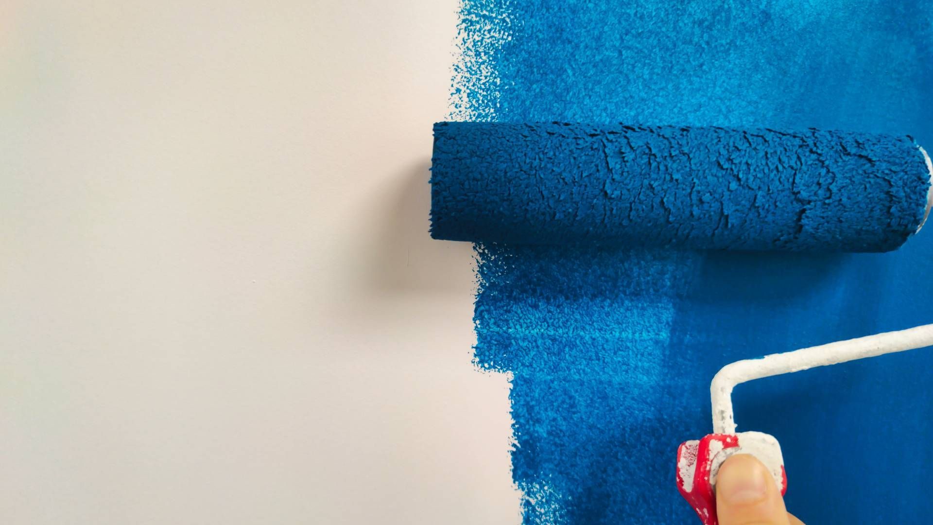 Close-up of a roller brush covered in blue paint being used to paint a wall