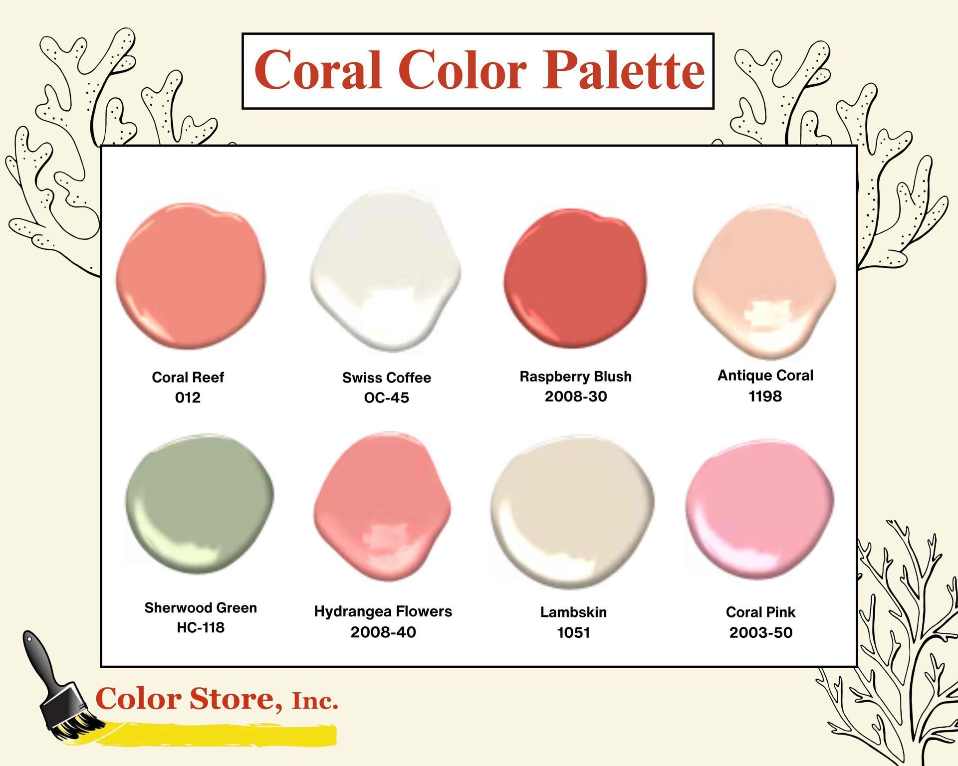 A color palette of Benjamin Moore coral colors and neutrals near Des Moines & Waukee, Iowa (IA) & Omaha, Nebraska (NE)
