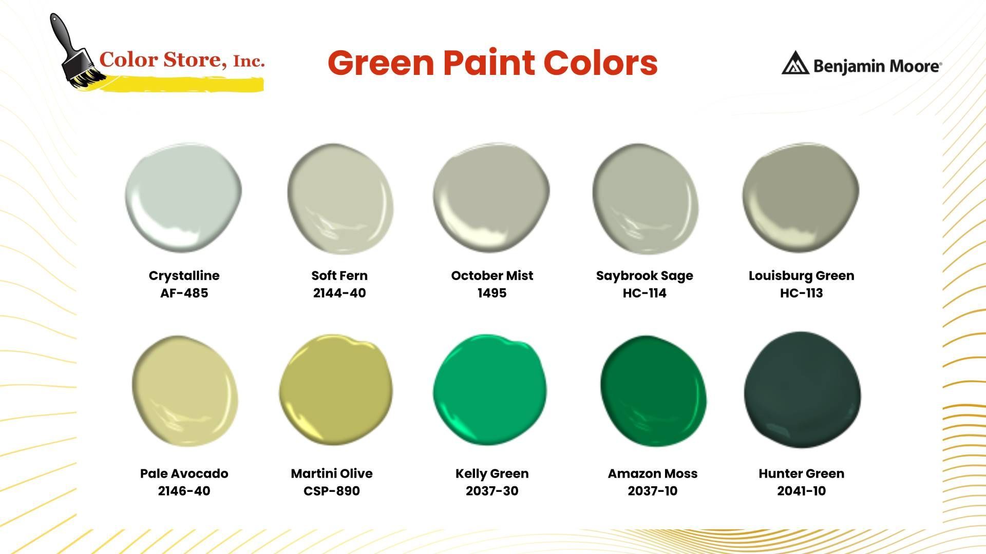 A selection of popular Benjamin Moore green paint colors in a palette near Des Moines & Waukee, iA a