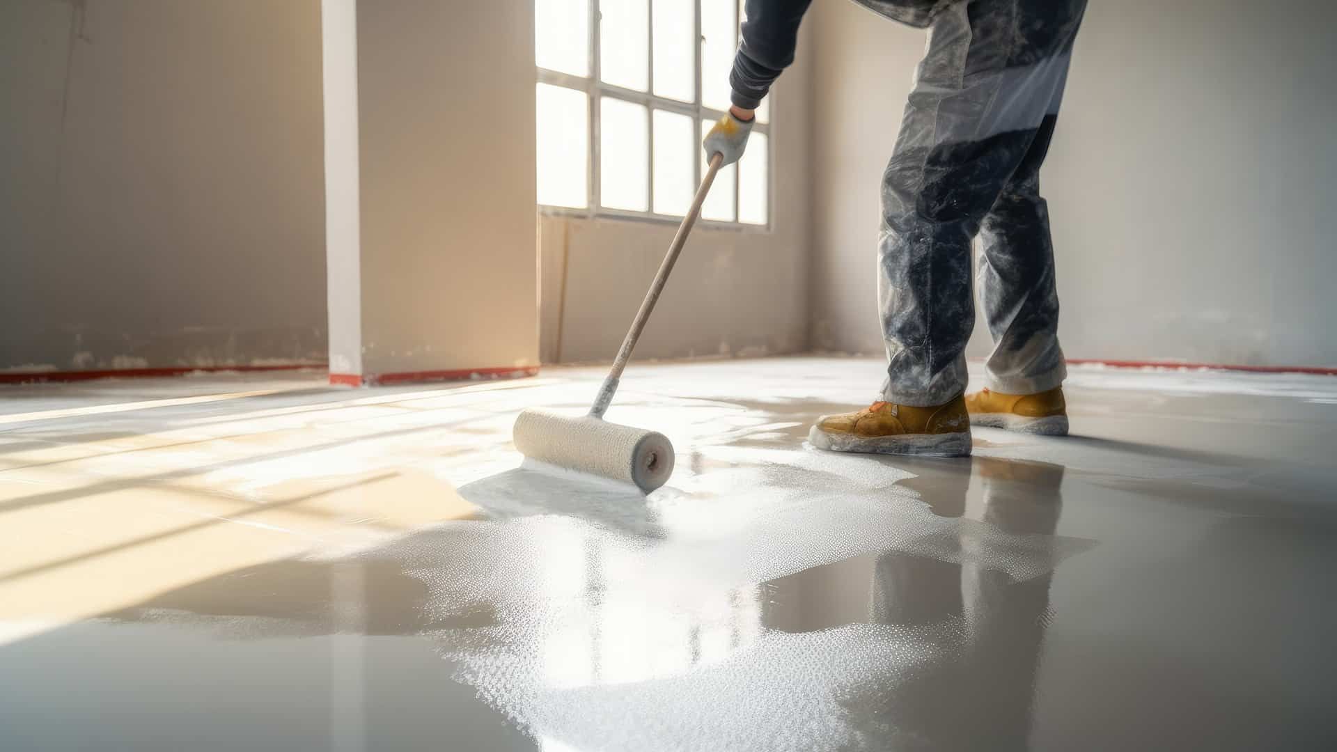 Worker rolling a liquid floor covering onto a concrete floor