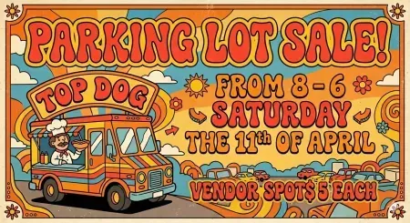Vintage-style poster for a parking lot sale with a hot dog truck, orange background, and event details.