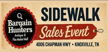 Bargain Hunters Antique & Flea Market Sidewalk Sales Event sign, red and cream, Knoxville, TN.