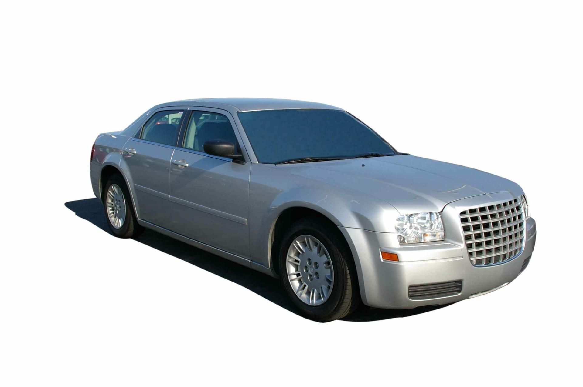 Silver Chrysler sedan on a white background, shown in front-right three-quarter view
