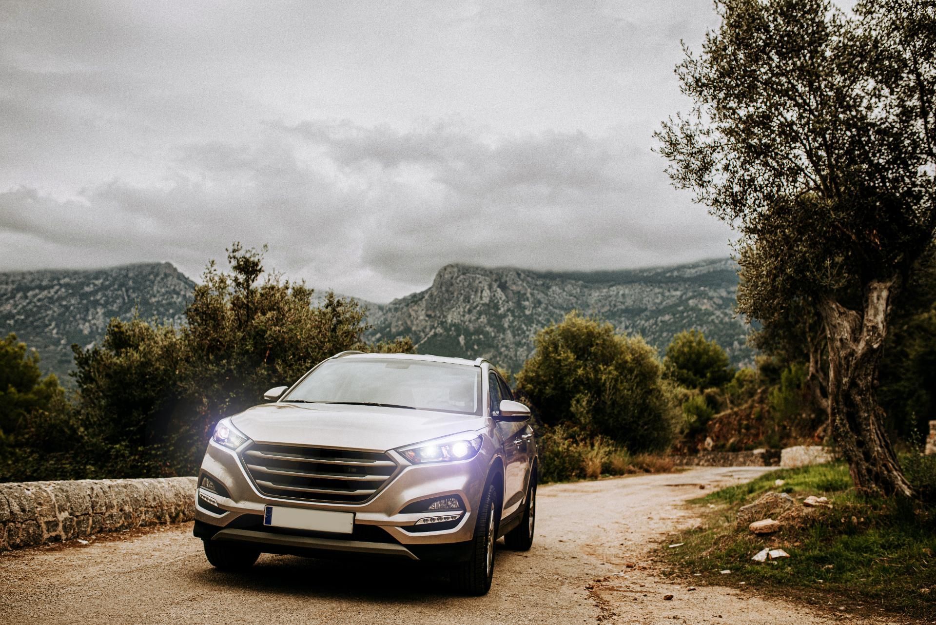 Silver SUV on a winding dirt road with trees and mountains in the background.