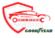 Red shield logo with red car silhouette, &ldquo;Auto Repic,&rdquo; &ldquo;Nanacre Auto,&rdquo; and Goodyear branding
