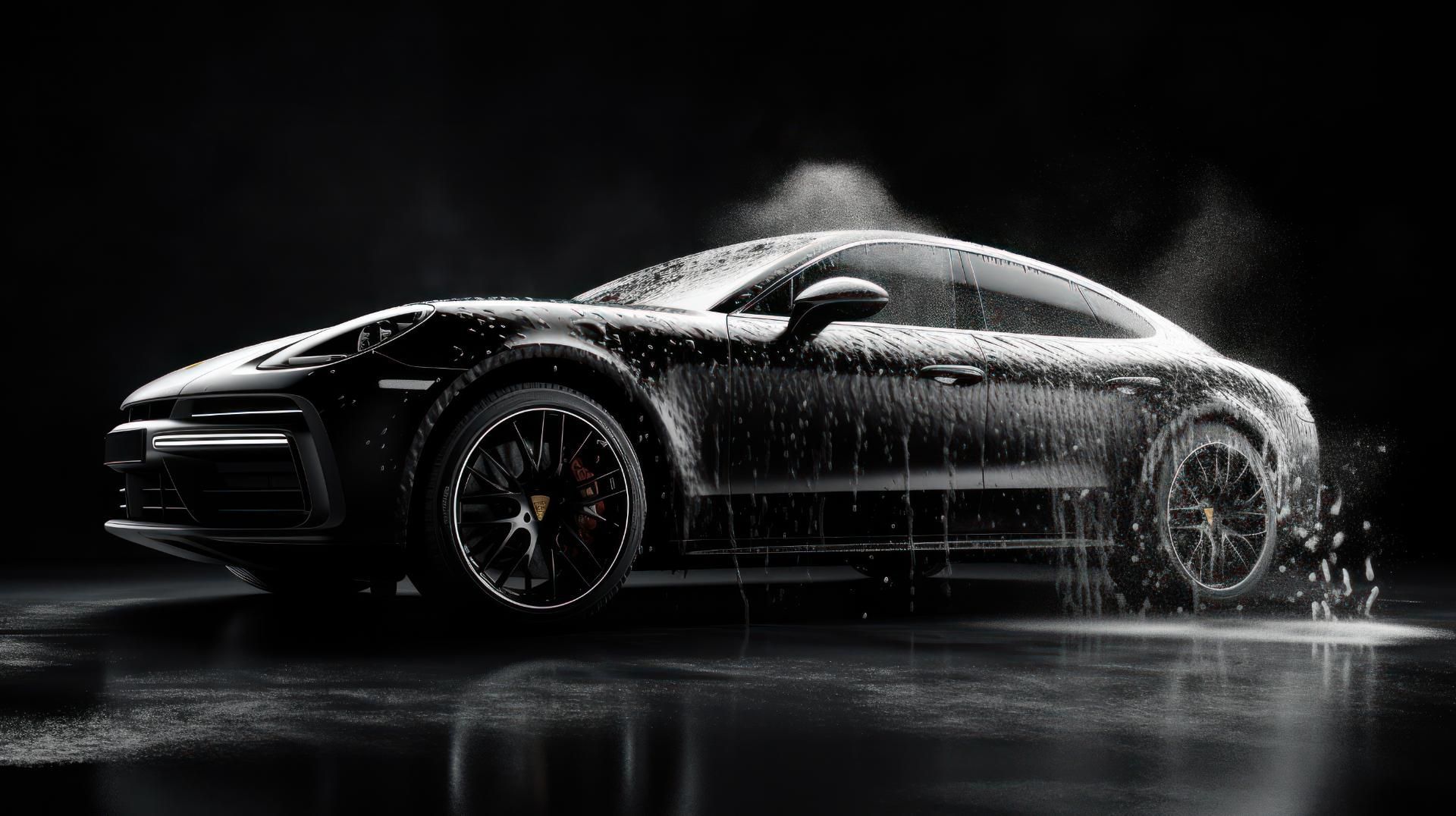 Black sports car being sprayed with water in a dark studio, glossy reflections on the floor