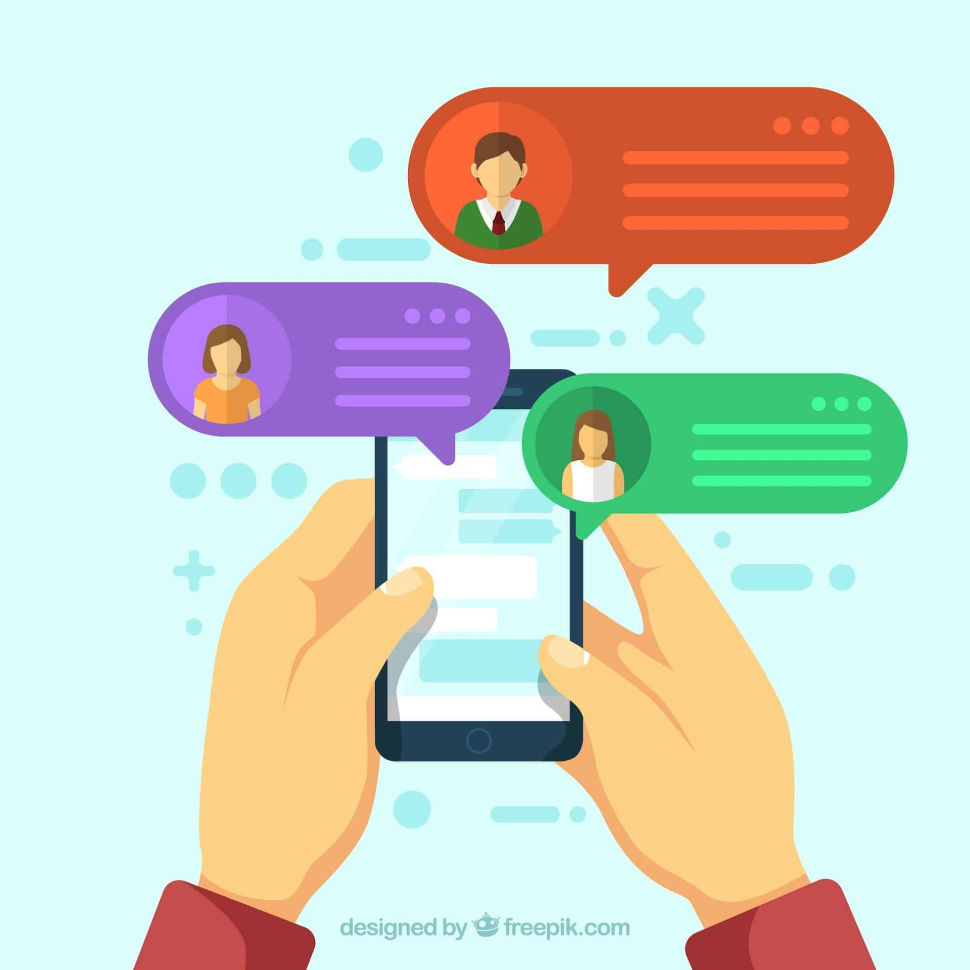 Hands holding a phone, texting with three contacts, represented by speech bubbles with profile icons in red, purple, and green.