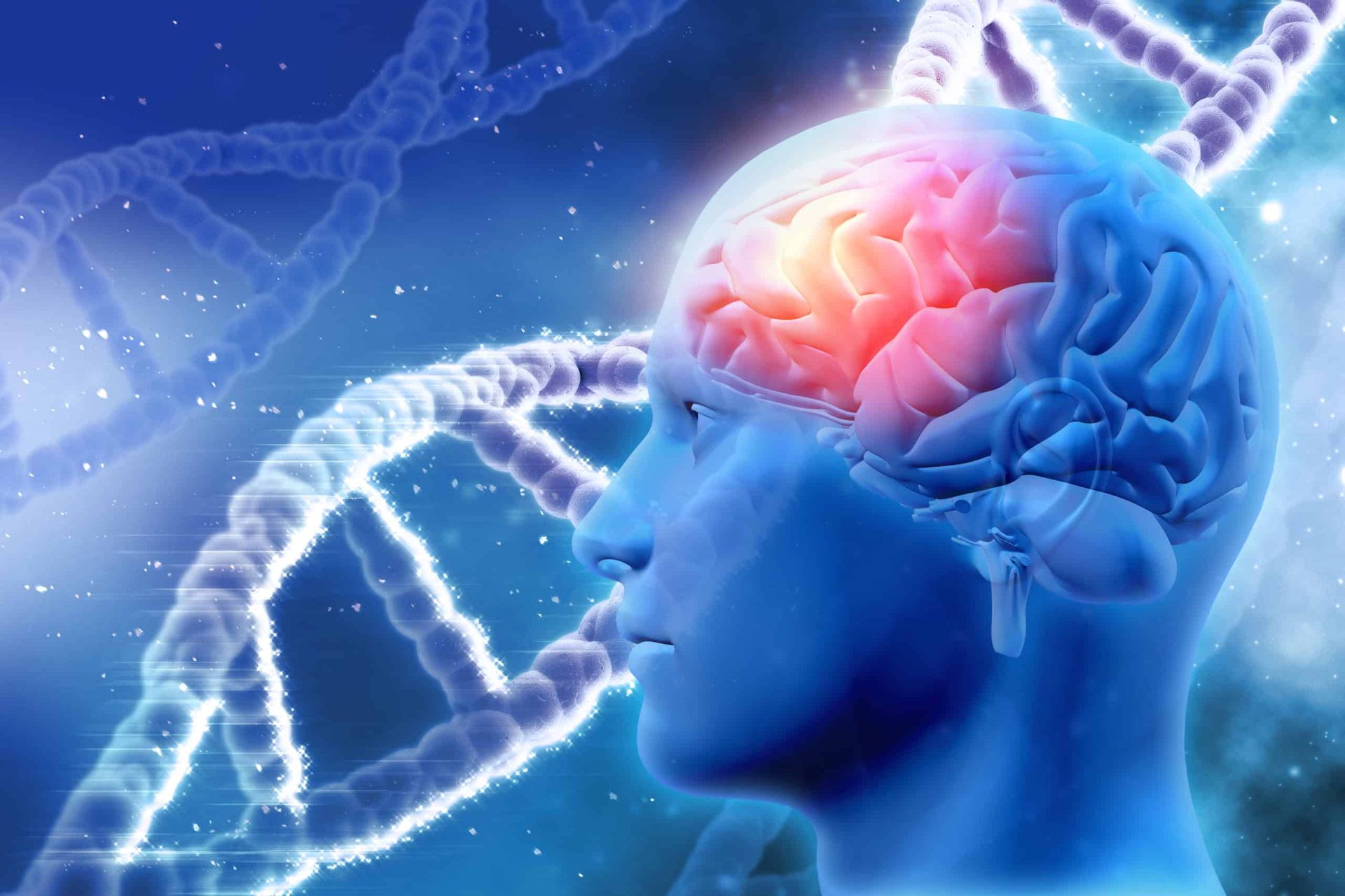 Blue rendering of a human head with a glowing brain, DNA helix in the background, medical concept.