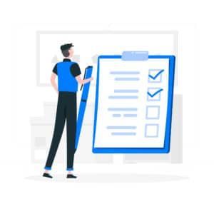 Man in front of a checklist; some boxes are checked.