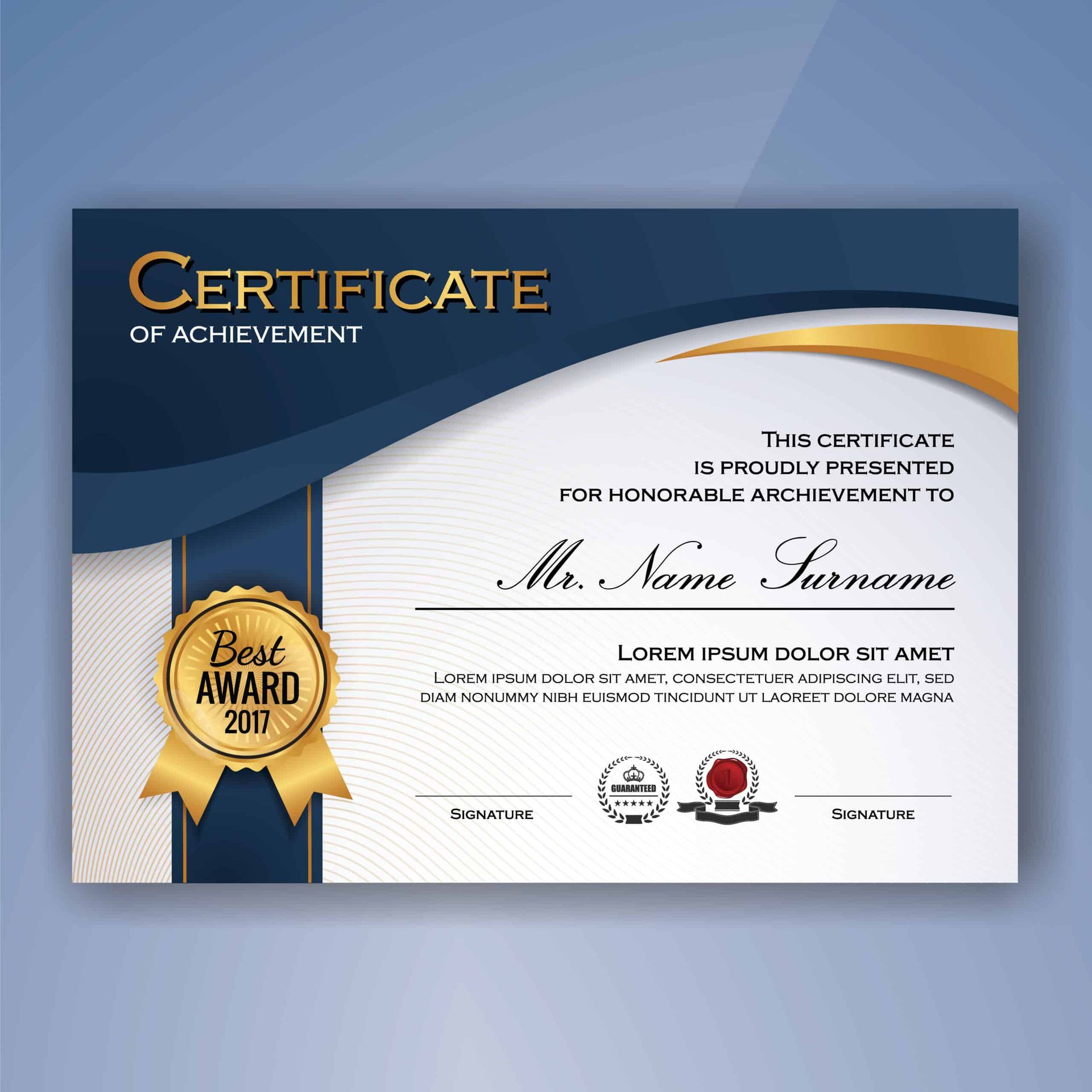 Certificate of Achievement in navy blue and gold with text 