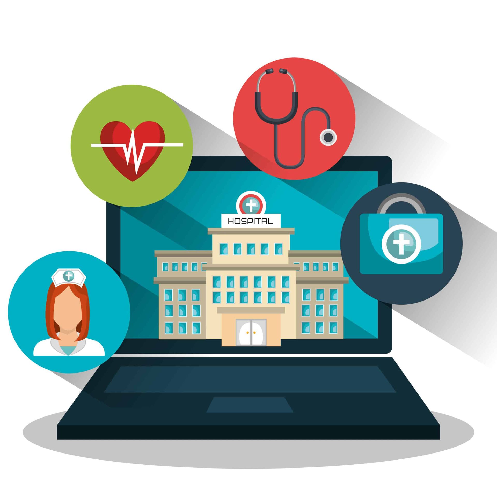 Laptop displaying a hospital scene, surrounded by medical icons: stethoscope, nurse, heart, and first aid kit.