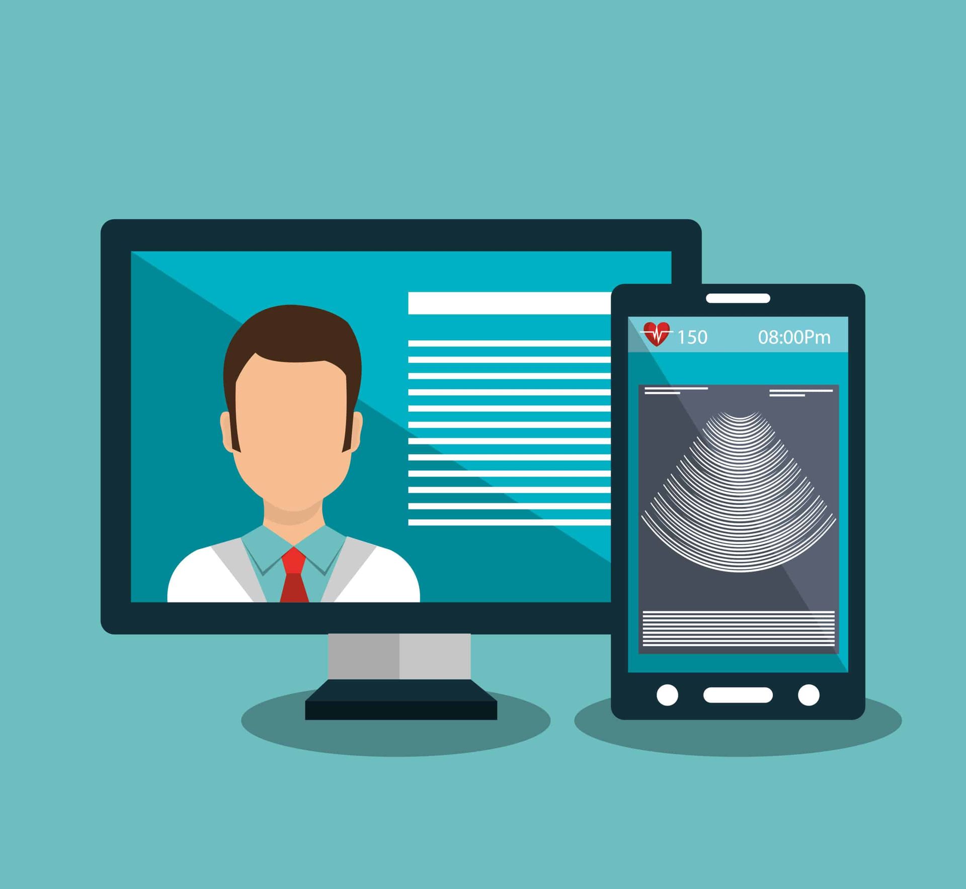 Telehealth concept: doctor on computer screen; ultrasound image on smartphone.