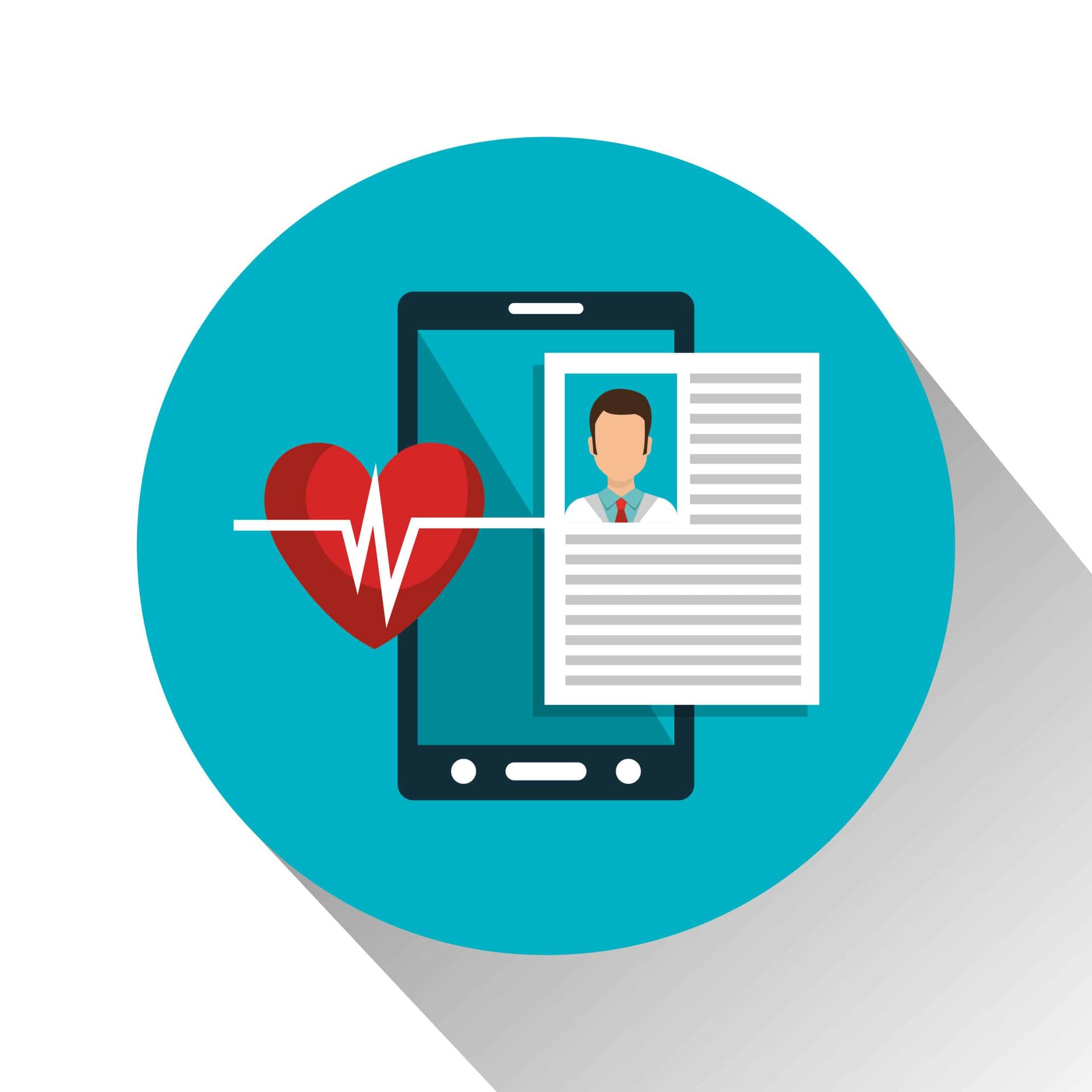 Blue circle with a mobile phone displaying a medical record, red heart, and EKG line.