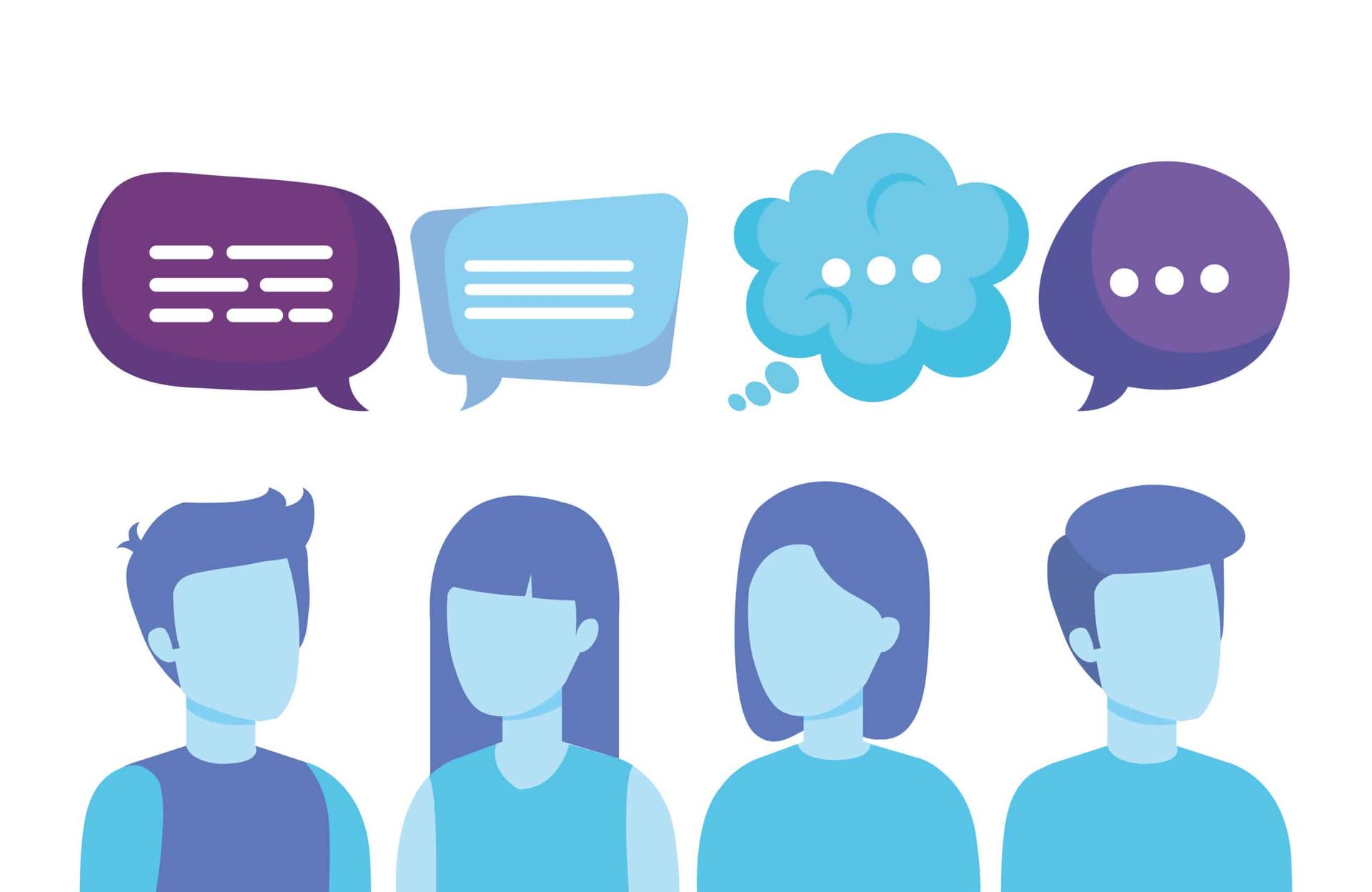 Four faceless people with speech bubbles above them, indicating conversation and ideas.