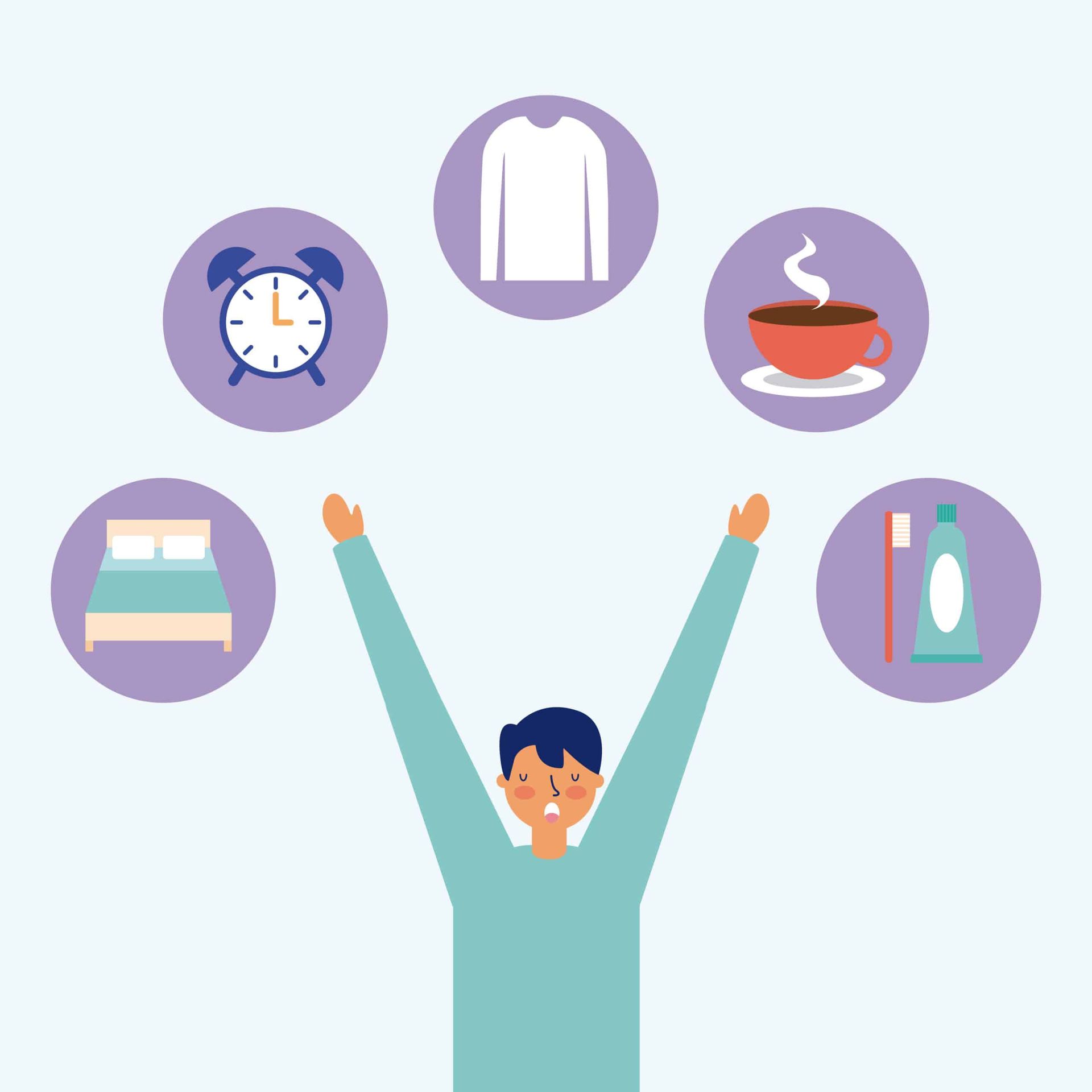 Person stretching, surrounded by morning routine icons: alarm clock, shirt, coffee, toothbrush, bed.