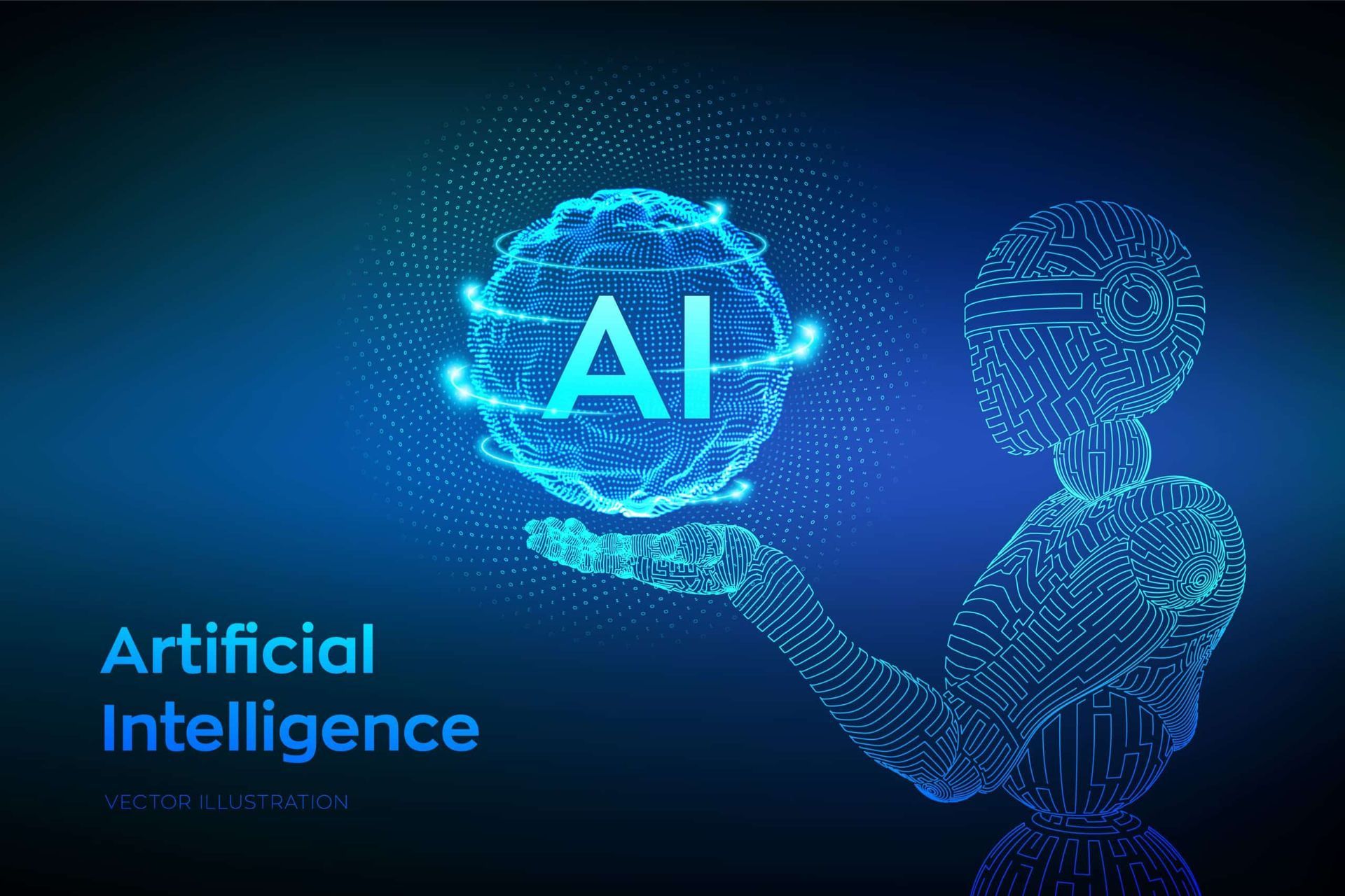 Blue robot figure holding glowing AI sphere.