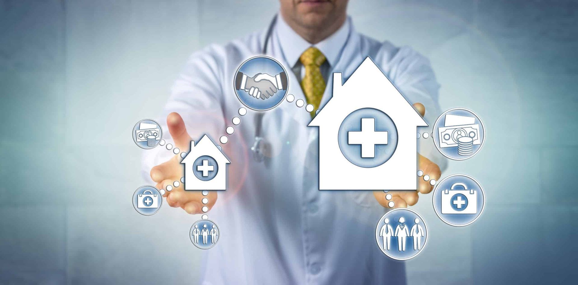 Doctor holding house and medical icons, symbolizing healthcare services.