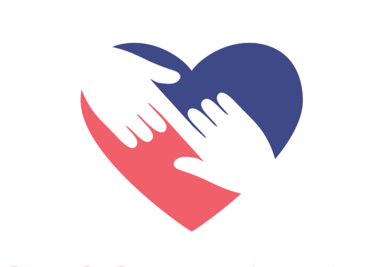 Heart shape, red and blue, with hands reaching towards each other.