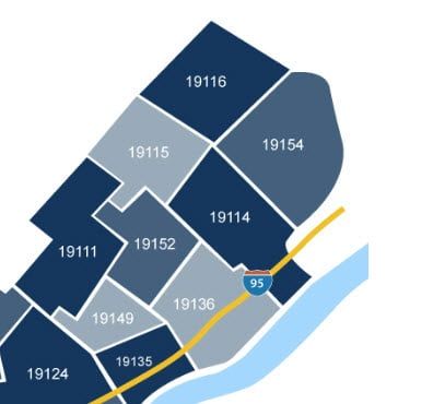 Map of Philadelphia zip codes in shades of blue, with I-95 and a river visible.