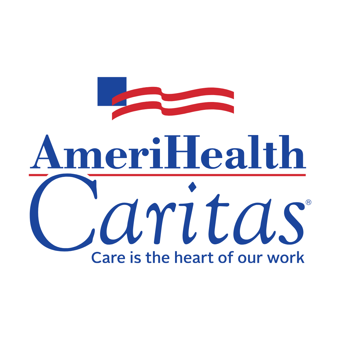 AmeriHealth Caritas logo with blue text, red line, and American flag element.