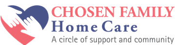 Logo for Chosen Family Home Care, with a heart shape of hands, text, and tagline.