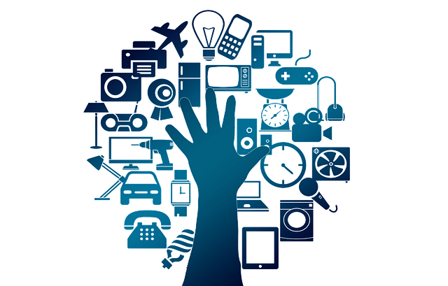 Silhouette hand reaching toward a collection of connected devices and appliances.