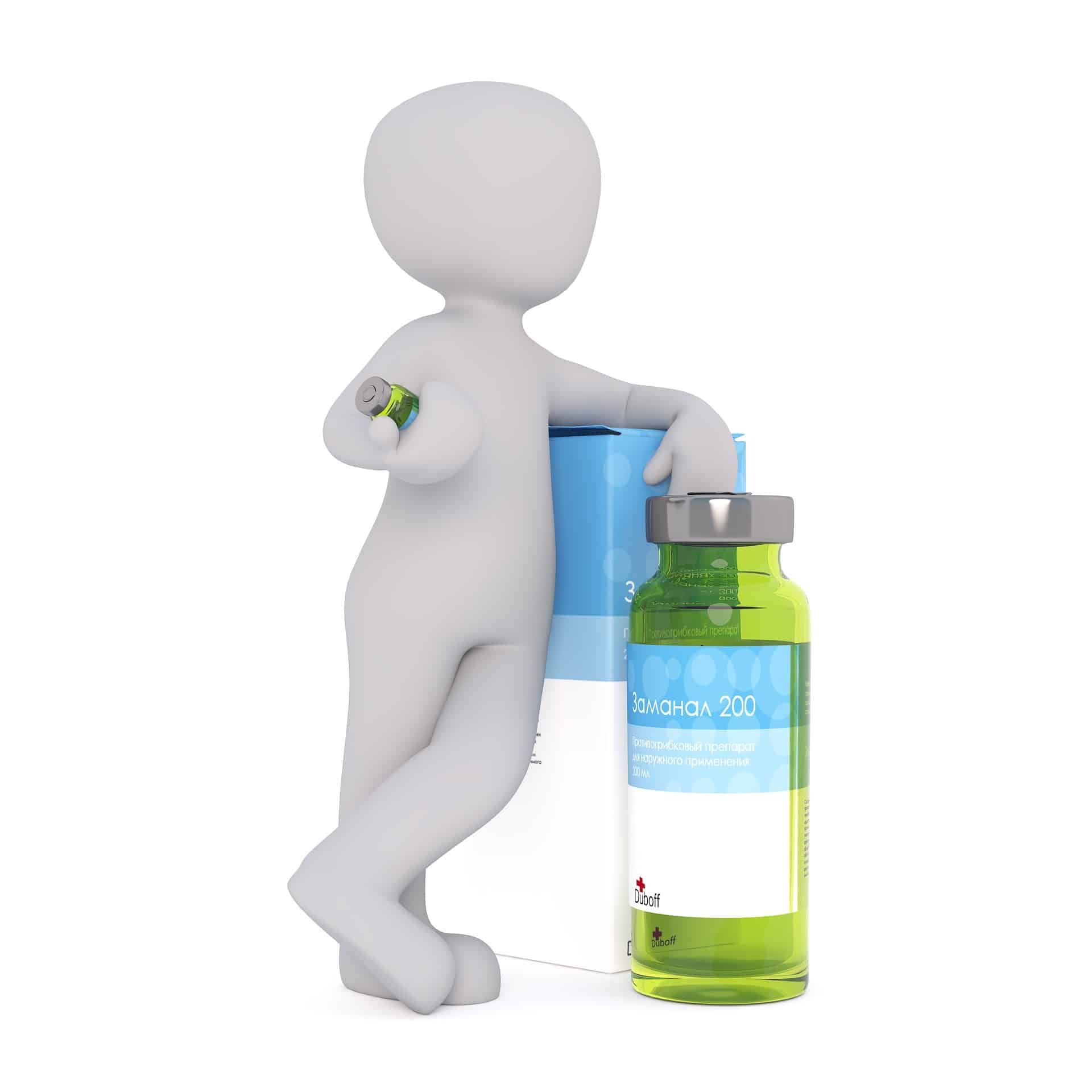 A generic figure leans against a box and vial of medicine, holding a small vial.