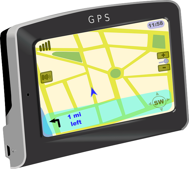 GPS device displaying a map with a blue directional arrow and turn instruction.