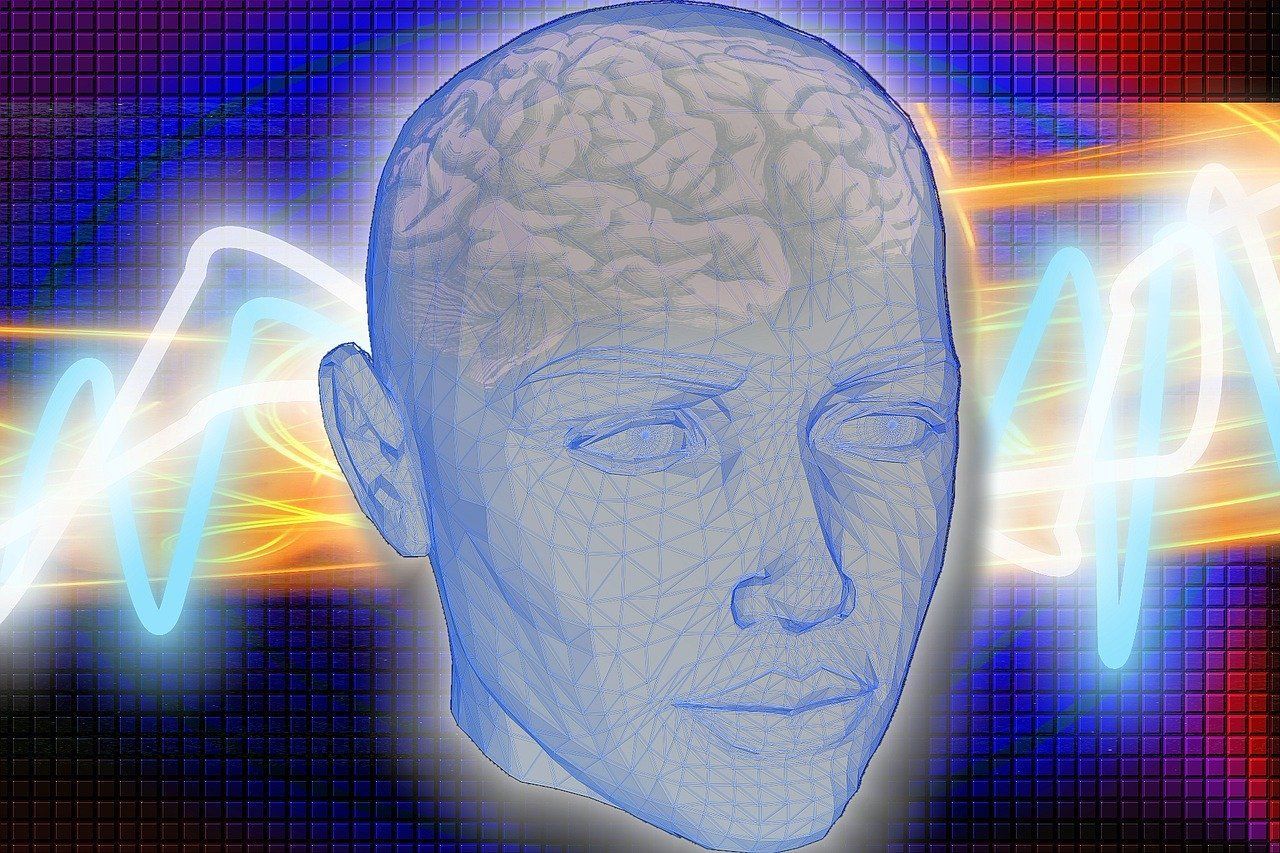 Blue wireframe head with visible brain, overlaid on electrical wave pattern.