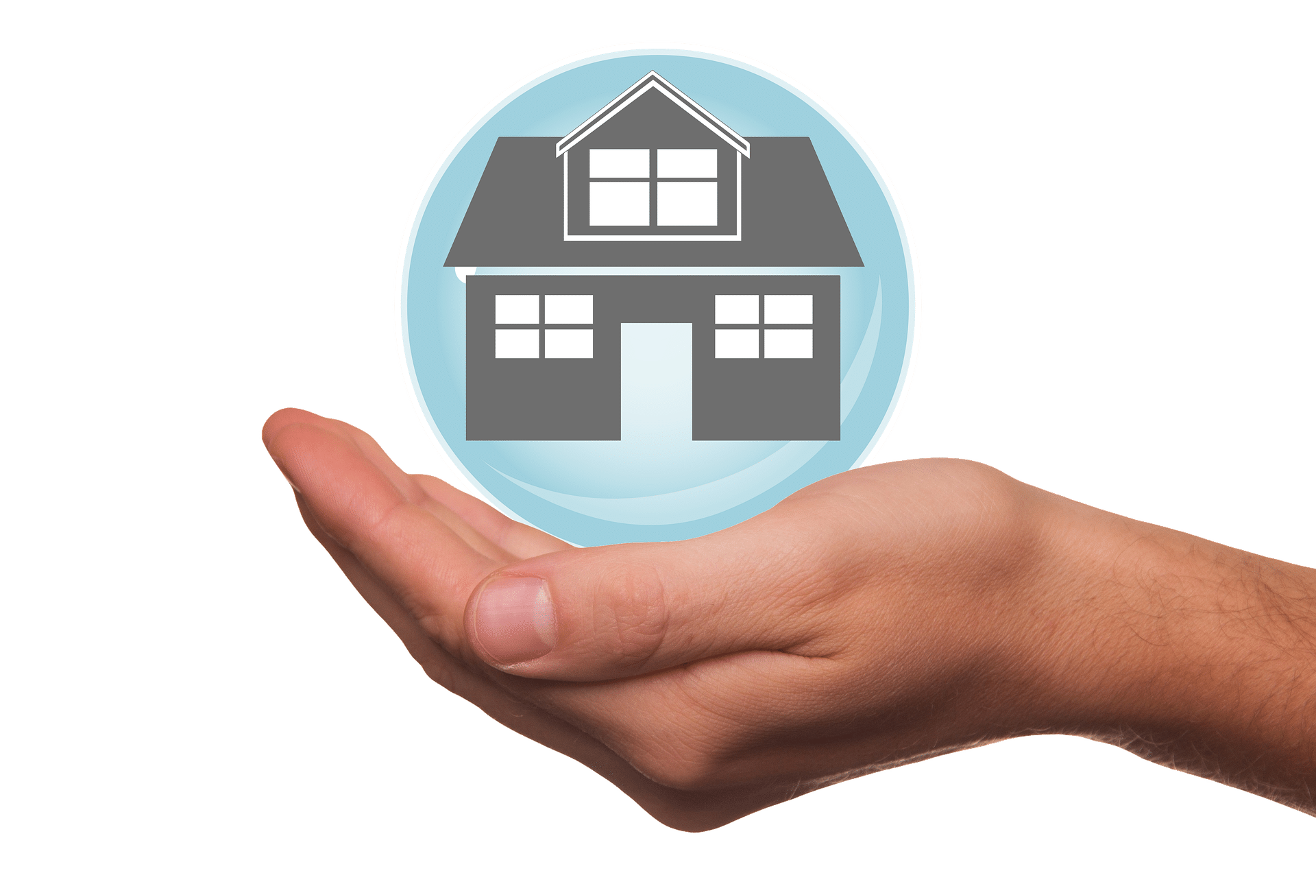 Hand holding a house icon inside a blue bubble.