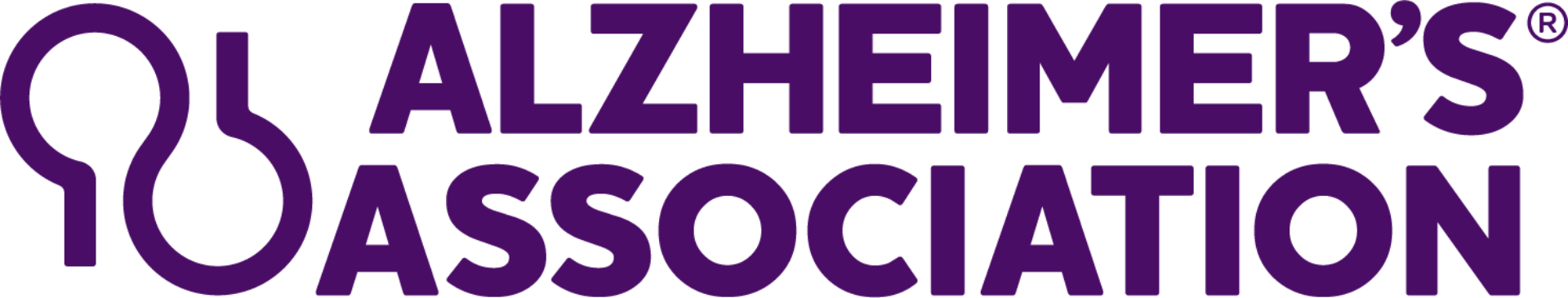 Logo of the Alzheimer's Association in purple text with an abstract purple figure.