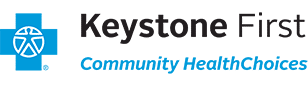 Keystone First logo. A blue cross with a person icon in the center. Text: Keystone First, Community HealthChoices.