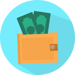 Yellow wallet with green bills, on a blue circle background.