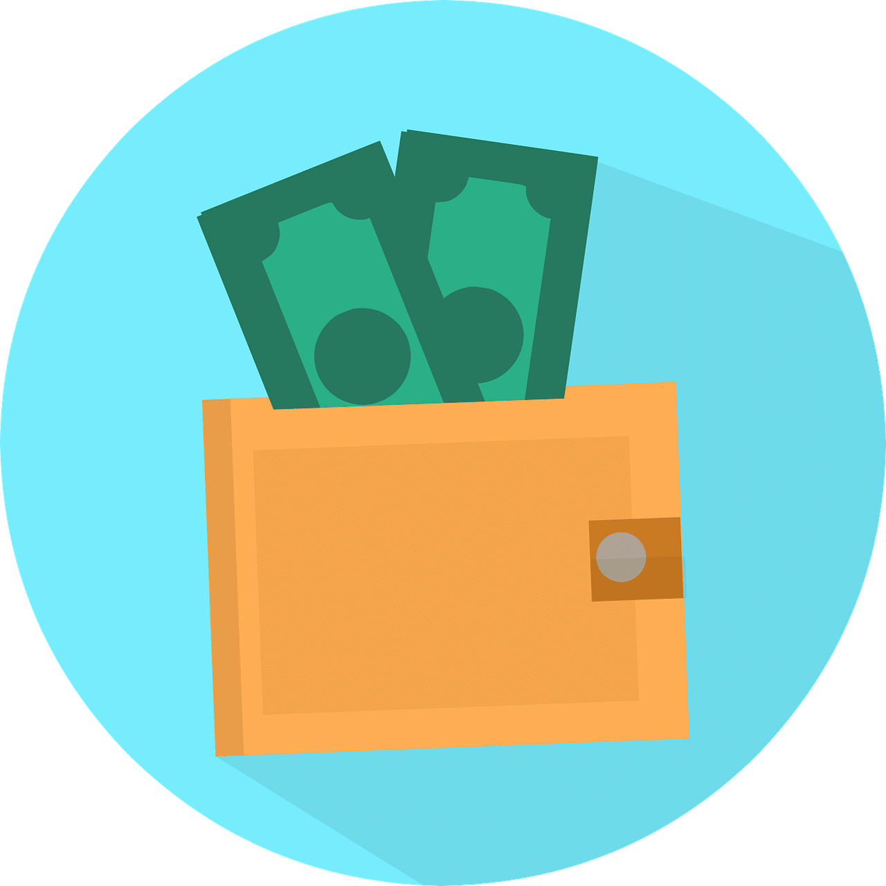 Yellow wallet with green bills peeking out, set on a light blue circle.