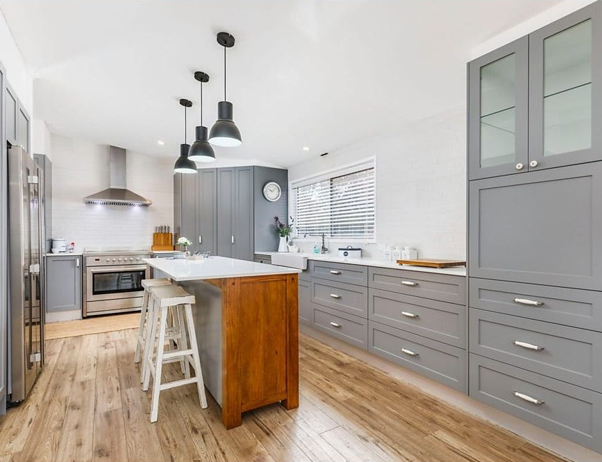 Bright Modern Kitchen with Gray Cabinets, White Island — Rivbuild In Uranquinty, NSW