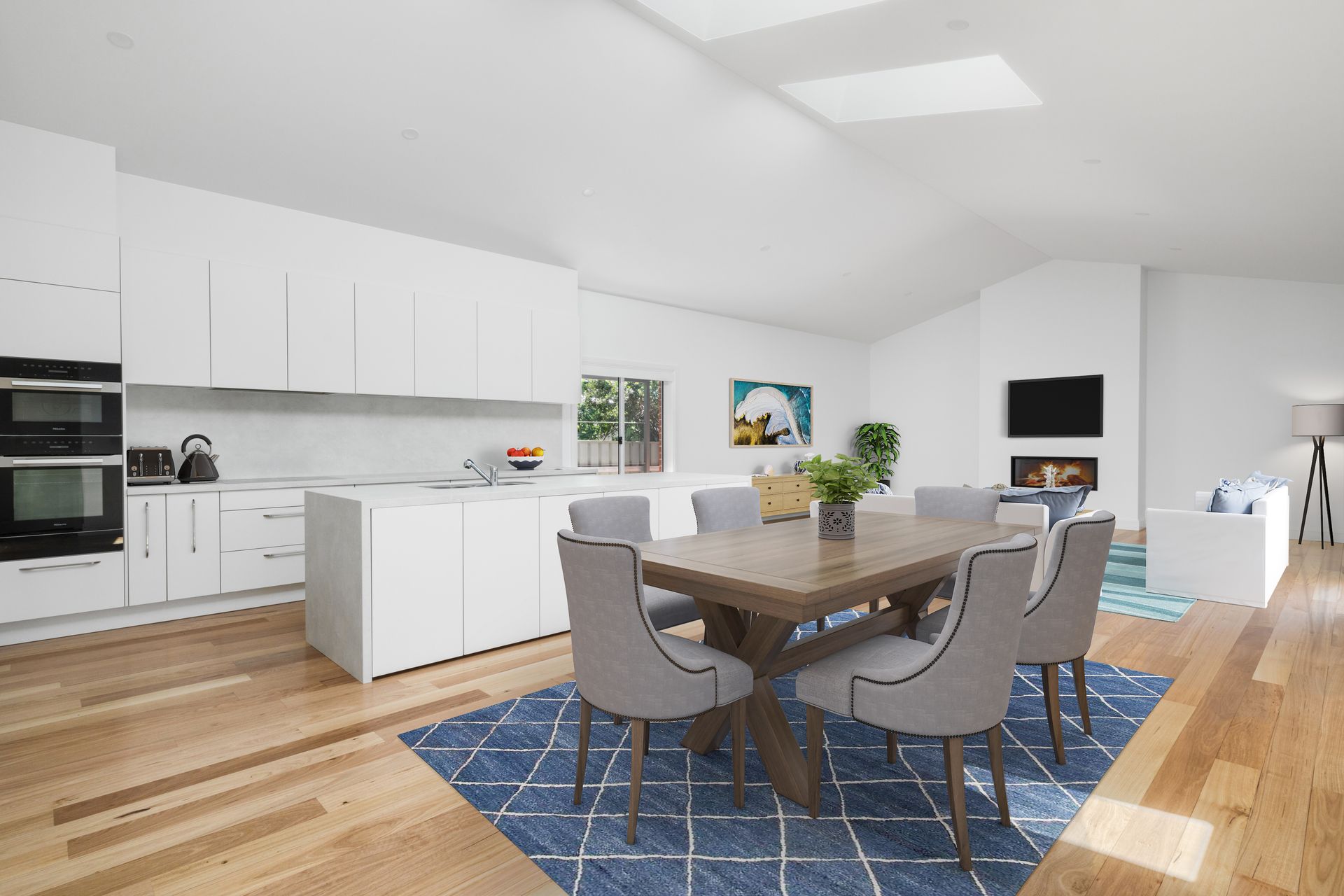 Modern Open-Plan Kitchen and Dining Area with White Cabinets — Rivbuild In Uranquinty, NSW