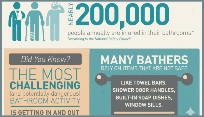 Bathroom safety infographic showing common injury statistics and unsafe habits.