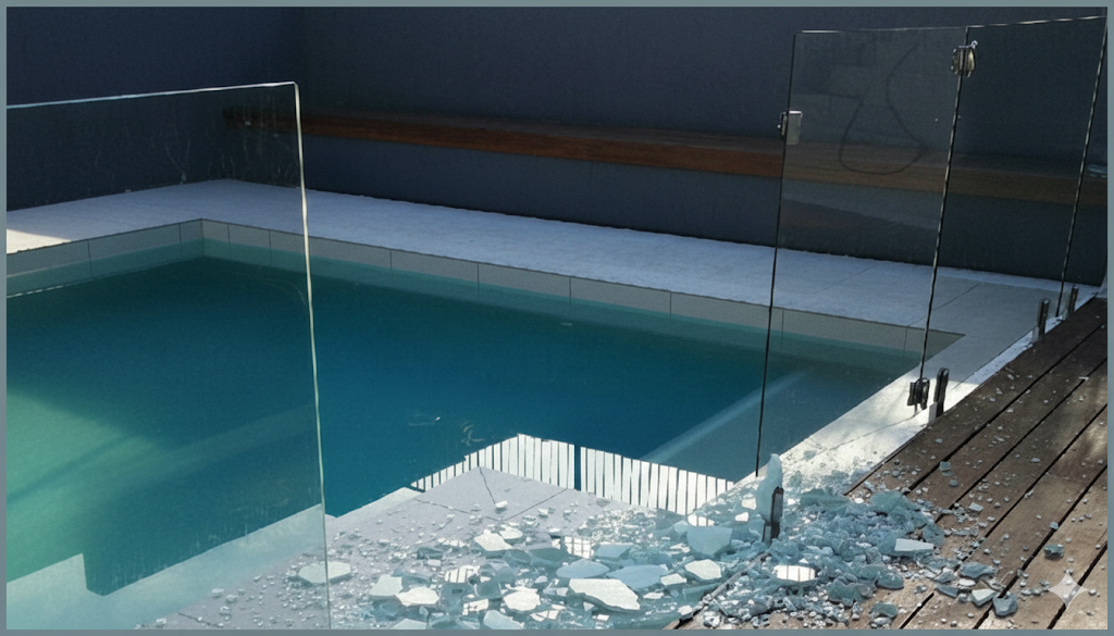 Shattered glass pool fencing panel highlighting dangers of poor installation and skipped maintenance