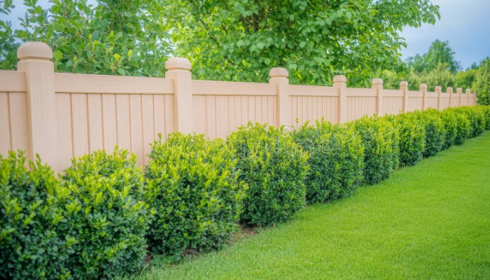 Tan fence with green shrubbery lining the front, set in a grassy lawn.