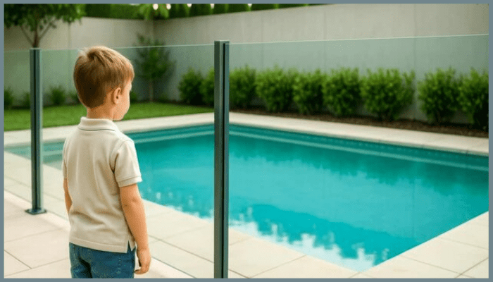 Young boy standing safely behind a frameless glass pool fence in a Canberra backyard