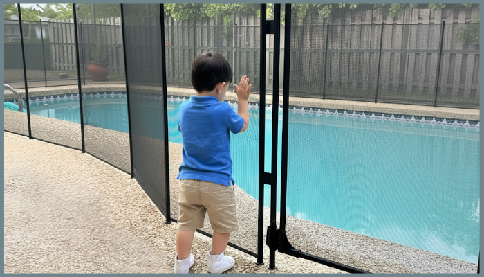 Young child standing near a pool safety fence highlighting the importance of supervision and compliant barriers in Canberra ACT