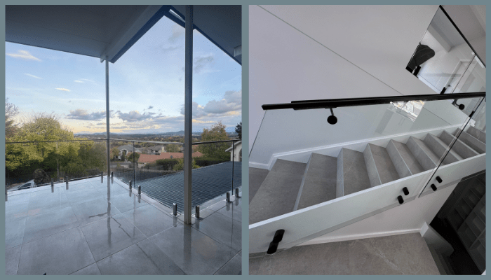 Side-by-side comparison showing a frameless glass balustrade on a balcony and a standoff glass balustrade on a staircase