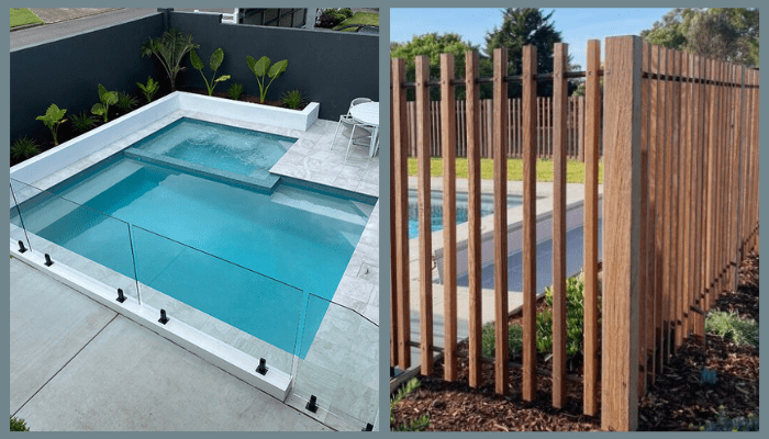 Side-by-side comparison of frameless glass pool fencing and timber screening around backyard pools in Canberra.