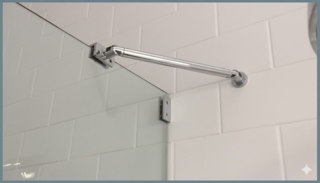 wall brace supporting a frameless shower screen on tiled wall