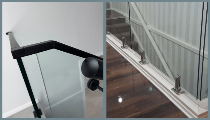 Side-by-side comparison of glass balustrade hardware showing a matt black handrail close-up and frameless spigot base mounts