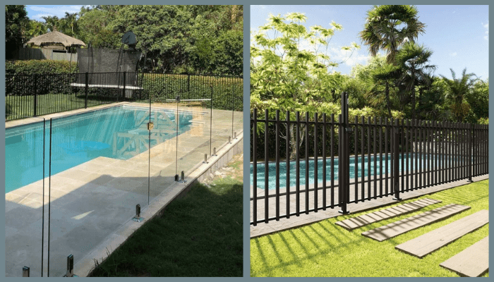 Side-by-side comparison of frameless glass pool fencing and aluminium pool fencing