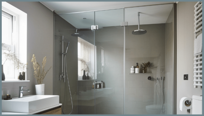 Modern frameless glass shower in a clean, bright bathroom with a minimalist design.