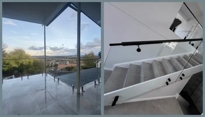 Comparison of standoff and framed glass balustrades showing balcony and staircase installations with clear modern designs
