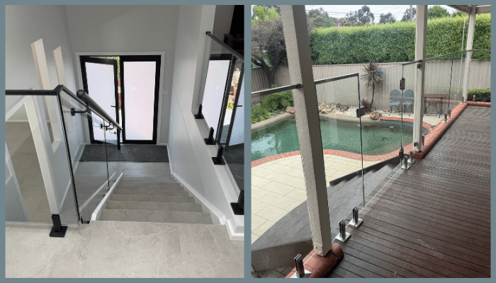 Side-by-side photo showing a standoff glass balustrade on a staircase and a frameless spigot glass balustrade around a pool
