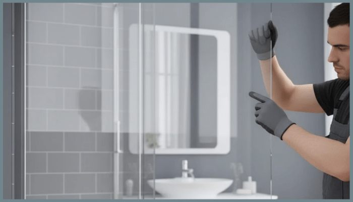 Installer fitting a frameless shower panel made from toughened safety glass.